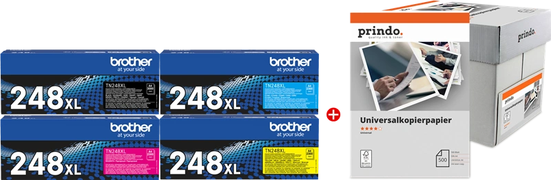 Brother TN-248XL MCVP Noir(e) / Cyan / Magenta / Jaune / Blanc Value Pack (+ Prindo Universal Papier 2500 Blatt)