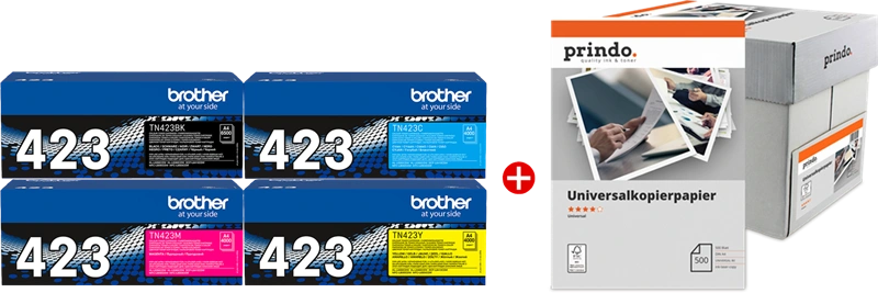 Brother TN-423 MCVP Noir(e) / Cyan / Magenta / Jaune Value Pack (+ Prindo Universal Papier 2500 Blatt)