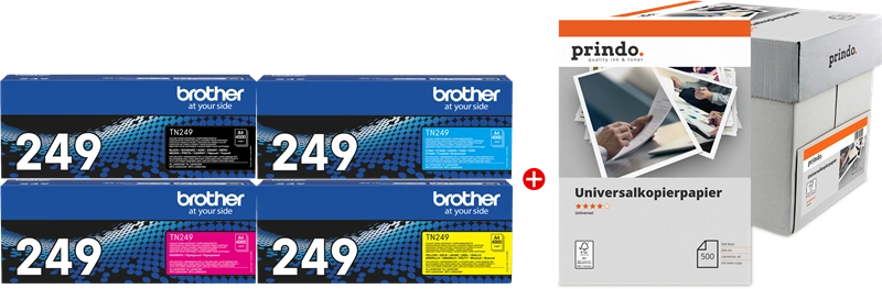 Brother TN-249 MCVP Noir(e) / Cyan / Magenta / Jaune / Blanc Value Pack (+ Prindo Universal Papier 2500 Blatt)