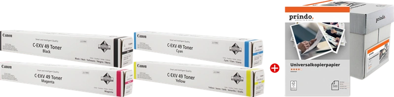Canon C-EXV49 MCVP Noir(e) / Cyan / Magenta / Jaune Value Pack (+ Prindo Universal Papier 2500 Blatt)