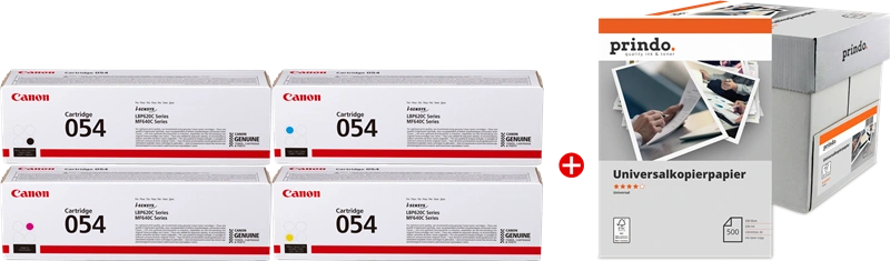 Canon 054 MCVP Noir(e) / Cyan / Magenta / Jaune Value Pack (+ Prindo Universal Papier 2500 Blatt)