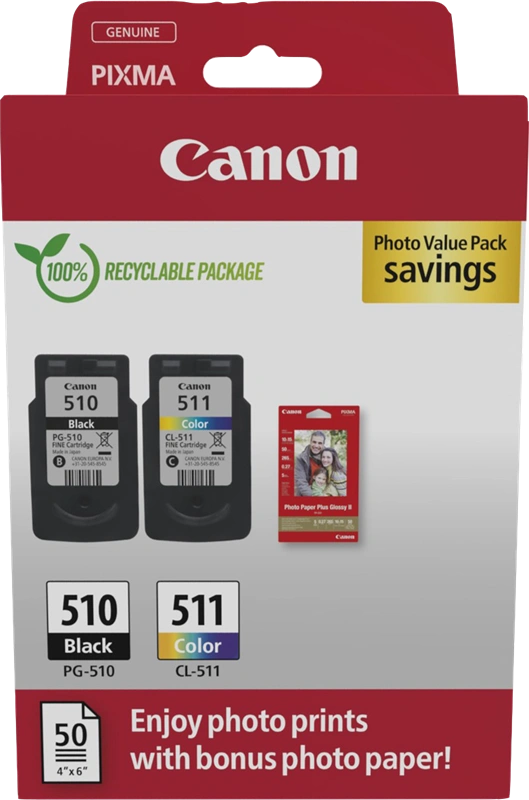 Canon PG-510+CL-511 Noir(e) / Plusieurs couleurs / Blanc Value Pack (+ 10x15 cm Fotopapier 50 Blatt)
