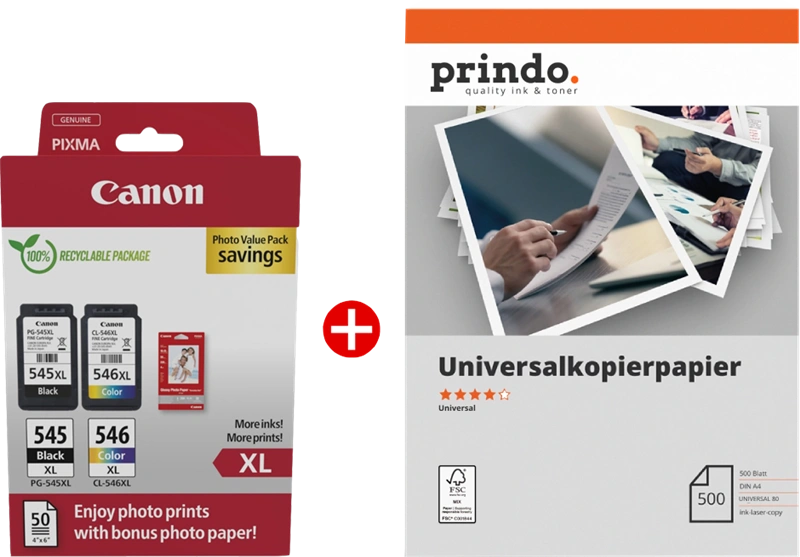 Canon PG-545XL + CL-546XL MCVP Noir(e) / Plusieurs couleurs / Blanc Value Pack (+ Prindo Universal Papier 500 Blatt)