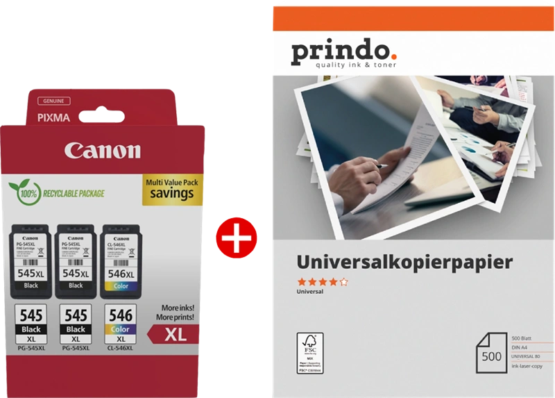 Canon PG-545XL+CL-546XL MCVP Noir(e) / Plusieurs couleurs / Blanc Value Pack (+ Prindo Universal Papier 500 Blatt)