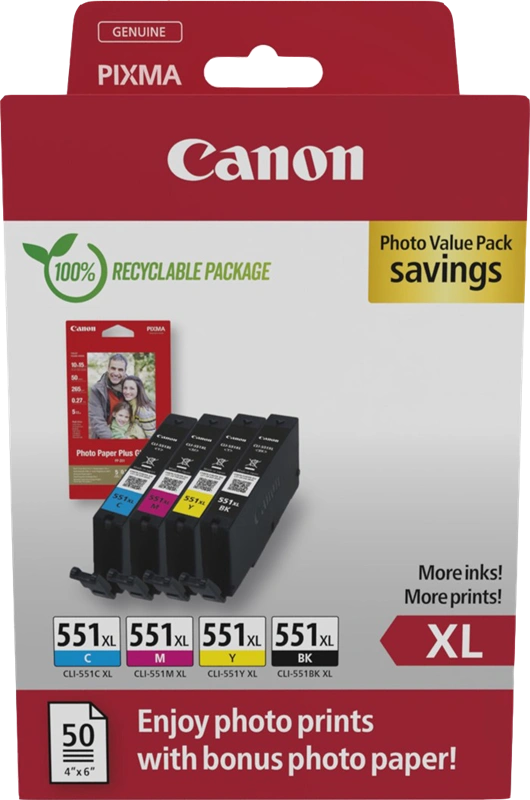 Canon CLI-551 XL Noir(e) / Cyan / Magenta / Jaune Value Pack (+ 10x15 cm Fotopapier 50 Blatt)