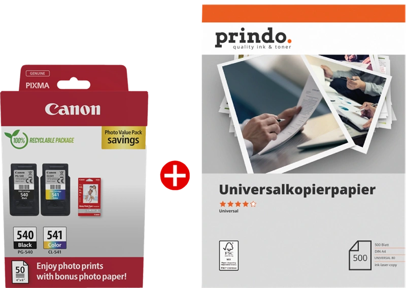 Canon PG-540+CL-541 MCVP Noir(e) / Plusieurs couleurs / Blanc / Blanc Value Pack (+ Prindo Universal Papier 500 Blatt)