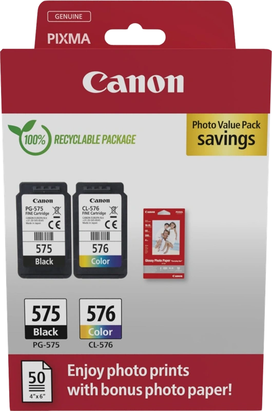 Canon PG-575+CL-576 Noir(e) / Plusieurs couleurs / Blanc Value Pack (+ 10x15 cm Fotopapier 50 Blatt)