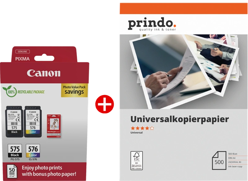Canon PG-575+CL-576 MCVP Noir(e) / Plusieurs couleurs / Blanc / Blanc Value Pack (+ Prindo Universal Papier 500 Blatt)