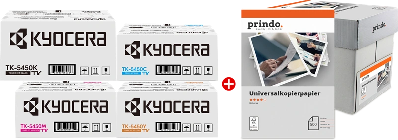 Kyocera TK-5450 MCVP Noir(e) / Cyan / Magenta / Jaune / Blanc Value Pack (+ Prindo Universal Papier 2500 Blatt)