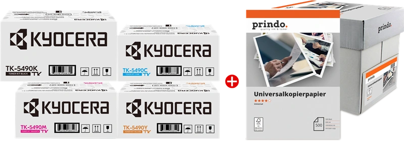 Kyocera TK-5490 MCVP Noir(e) / Cyan / Magenta / Jaune / Blanc Value Pack (+ Prindo Universal Papier 2500 Blatt)