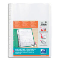 OXFORD Sachet de 10 pochettes-plan avec rabat en polypro lisse 20/100e. Format A4, perforation 11 trous