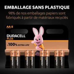DURACELL Piles alcalines AA Plus 100%, 1,5V LR6 MN1500, lot de 8 piles