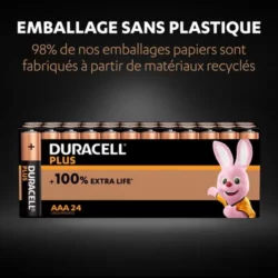 DURACELL Piles alcalines AAA Plus 100%, 1.5V LR03 MN2400, lot de 24 piles