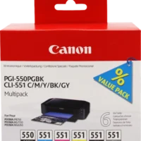 CANON Pack de 6 cartouches jet d'encre noir x2 cyan magenta jaune gris 550/551 6496B005
