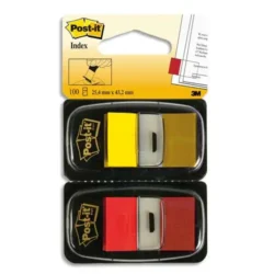POST-IT Blister de 2 x 50 marque-pages standards 25x44mm, coloris Rouge et Jaune