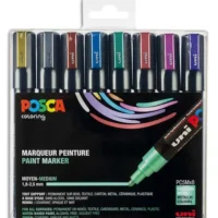 UNI POSCA Coffret de 8 marqueurs peinture métallisés, pointe moyenne, couleurs assorties