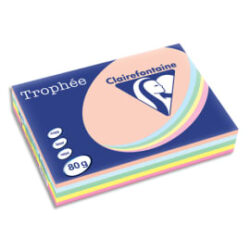 CLAIREFONTAINE Ramette 5x100F papier couleur Trophée 80g A4 assortis pastel Rose,canari,vert,Bleu,Saumon