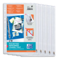 OXFORD Sachet de 10 pochettes perforées à Zip en PVC transparent 14/100e. Format A4,perforation 11 trous.