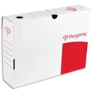 PERGAMY Boîte archive dos 8 cm. Montage manuel. Kraft ondulé. Blanc imprimé rouge
