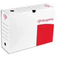PERGAMY Boîte archive dos 10 cm. Montage manuel. Kraft ondulé. Blanc imprimé rouge