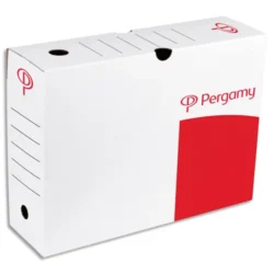 PERGAMY Boîte archive dos 10 cm. Montage manuel. Kraft ondulé. Blanc imprimé rouge
