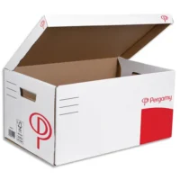 PERGAMY Conteneur ouverture dessus, couvercle attenant. Montage manuel. Kraft ondulé.Blanc imprimé rouge.