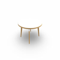 Table basse Evasion diamètre 60 x H. 48 cm - plateau mélamine ép. 25 mm blanc neige - 4 pieds en hêtre naturel vernis massif surmontés d'une structure métal structuré blanc