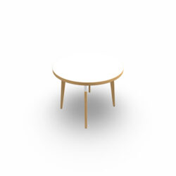 Table basse Evasion diamètre 60 x H. 48 cm - plateau mélamine ép. 25 mm blanc neige - 4 pieds en hêtre naturel vernis massif surmontés d'une structure métal structuré blanc