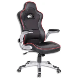 Fauteuil Centaure Noir surpiqûres Rouge en simili cuir avec appui-tête, à mécanisme basculant centré