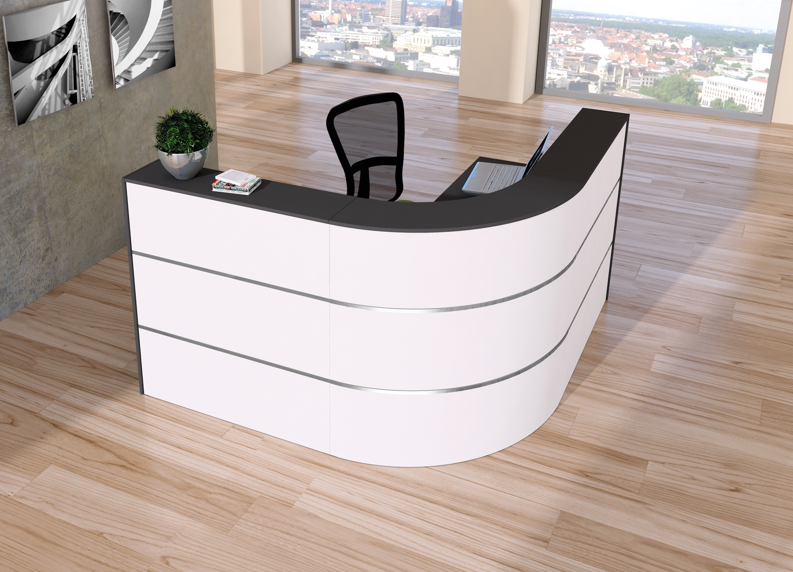 kerkmann Comptoir en L Cento 6, blanc anthracite (L)2.600 x (P)1.800 x (L)1.100 mm, construction en bois et acier, panneau de bois revêtu avec bords en ABS,