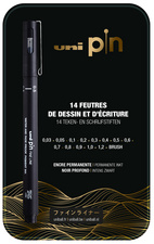 uni-ball Feutre technique uni pin, étui métal de 14 pièces
