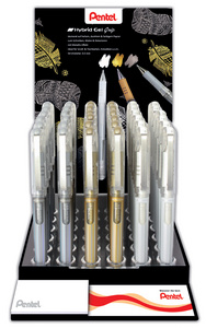 Pentel Roller gel K230, présentoir de 36, or, argent & blanc