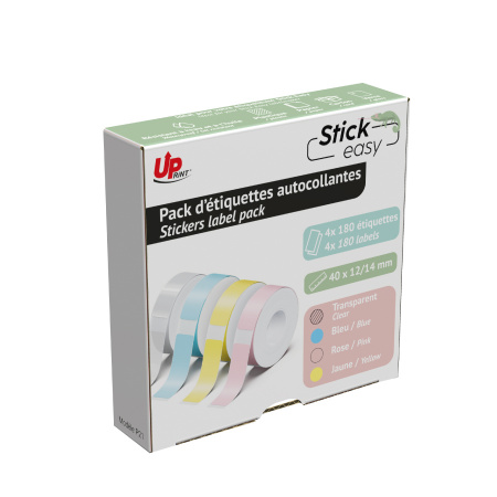 UPRINT PACK 4 ROULEAUX POUR ETIQUETEUSE STICK EASY UP21 4X180 ETIQUETTES ADHESIVES 12X14X40MM-PASTEL