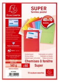 Paquet de 40 + 10 chemises à fenêtre SUPER 160g/m2 - 22x31cm - Couleurs assorties