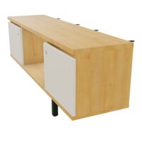 Meuble James 2 portes avec 1 niche L. 142 x P. 36 x H. 73,5 corps et top mélamine Hêtre clair portes mélamine lin pied droit métal lisse vert anglais comptabile BENCH CONECT/4MOST P142