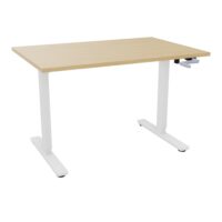 Axel 2 Bureau rectangulaire L. 120 x P. 80 cm plateau prépercé obt ep. 25 mm mélamine Chêne naturel structure métal lisse blanc réglable en hauteur par manivelle