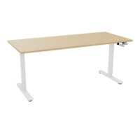 Axel 2 Bureau rectangulaire L. 180 x P. 80 cm plateau prépercé obt ep. 25 mm mélamine Chêne naturel structure métal lisse blanc réglable en hauteur par manivelle