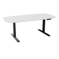 Table Axel 2 ovale P. 100 cm x L. 200 mélamine blanc neige pré percé 2 obturateurs pieds métal lisse noir boitier éléctrique avec commande numérique pour mémoire position + port usb