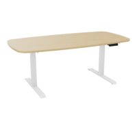 Table Axel 2 ovale P. 100 cm x L. 200 mélamine Chêne naturel pré percé 2 obturateurs pieds métal lisse blanc boitier éléctrique avec commande numérique pour mémoire position + port usb