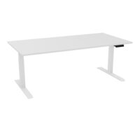 Bureau Axel 2 rectangulaire L. 200 cm x P. 100 cm mélamine blanc neige pré percé pour 2 obturateurs pieds métal lisse blanc boitier éléctrique avec commande numérique pour mémoire position + port usb