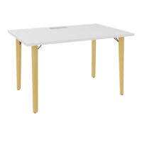 Robin table L. 120 cm x P. 80 cm mélamine blanc neige découpé trappe simple accès pieds métal lisse noir/bois hêtre massif vernis + goulotte