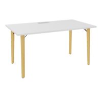 Robin table L. 140 cm x P. 80 cm mélamine blanc neige découpé trappe simple accès pieds métal lisse noir/bois hêtre massif vernis + goulotte