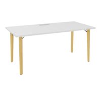 Robin table L. 160 cm x P. 80 cm mélamine blanc neige découpé trappe simple accès pieds métal lisse noir/bois hêtre massif vernis + goulotte