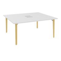 Robin table départ monoplateau L. 160 cm x P. 142 cm mélamine blanc neige découpé 2 trappes simple accès 4 pieds métal lisse noir/bois hêtre massif vernis + goulotte double
