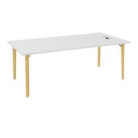 Robin bureau L. 200 cm x P. 100 plateau pré-percé pour trappe latérale simple accès mélamine blanc neige pieds métal lisse noir/bois hêtre massif vernis + goulotte