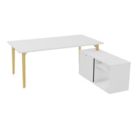 Robin bureau avec retour rangement porteur L. 120 cm x l. 56 cm x P. 43,2xm mélamine blanc neige plateau L. 180 cm x P. 100 pré-percé pour obturateur mélamine blanc neige pieds métal lisse noir