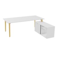 Robin bureau avec retour rangement porteur L. 120 cm x l. 56 cm x P. 43,2xm mélamine blanc neige plateau L. 200 cm x P. 100 pré-percé pour obturateur mélamine blanc neige pieds métal lisse noir