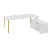 Robin bureau avec retour rangement porteur L. 120 cm x l. 56 cm x P. 43,2xm mélamine blanc neige plateau L. 200 cm x P. 100 pré-percé pour obturateur mélamine blanc neige pieds métal lisse blanc