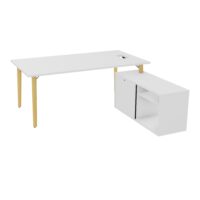 Robin bureau avec retour rangement porteur L. 120 cm x l. 56 cm x P. 43,2xm mélamine blanc neige plateau L. 180 cm x P. 100 percé pour trappe mélamine blanc neige pieds métal lisse noir