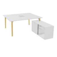 Robin bureau avec retour rangement porteur L. 120 cm x l. 56 cm x P. 43,2xm mélamine blanc neige plateau L. 160 cm x P. 142 percé pour trappe mélamine blanc neige pieds métal lisse noir